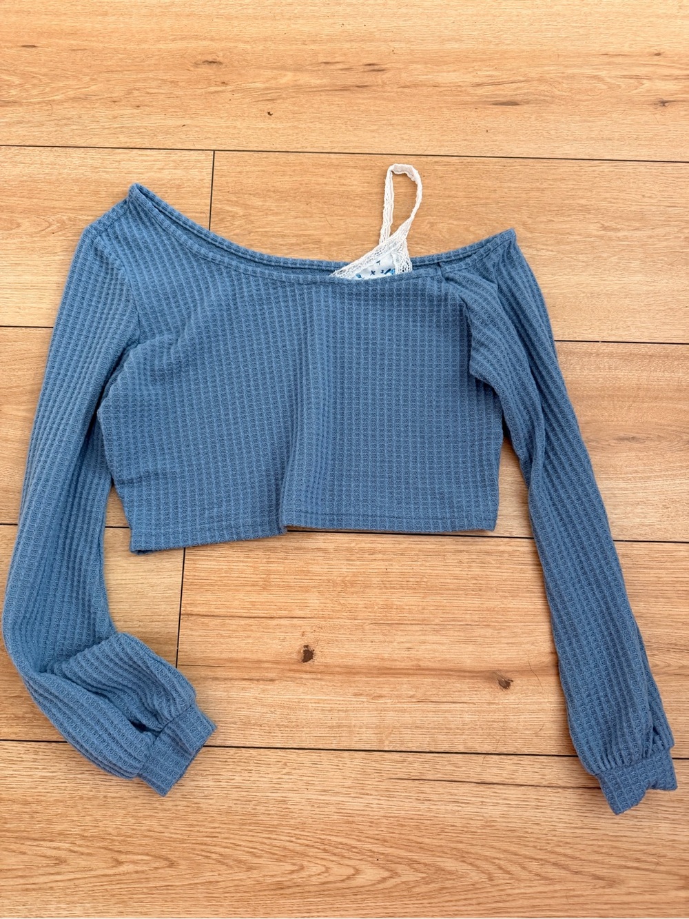 Waffle-Knit Cropped Long-Sleeve Top - Blue